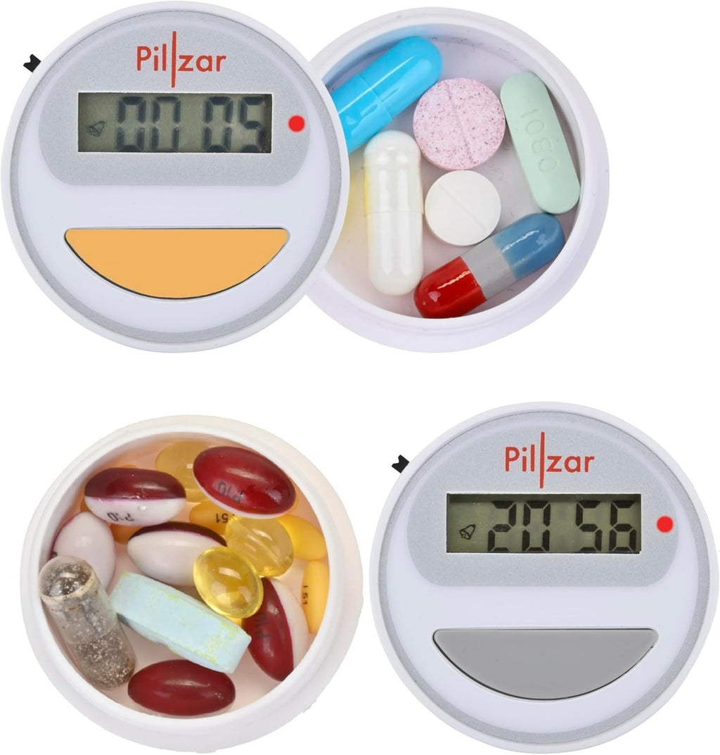 Portable Pill Organizer Dispenser with Timer Cap for Medication, Supplements