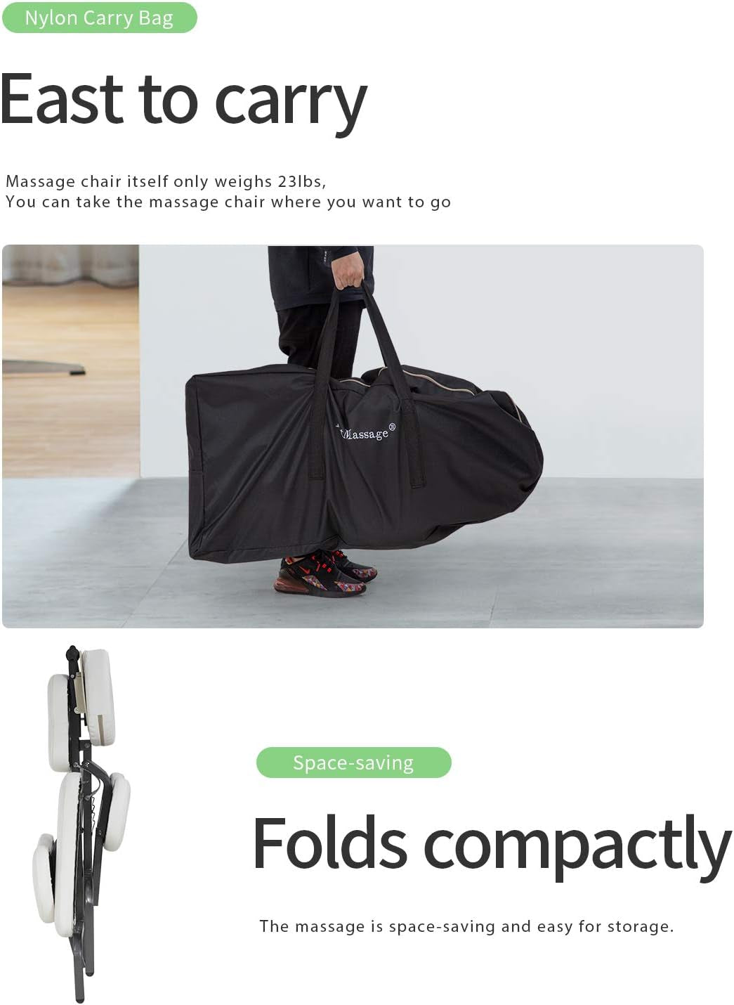 Portable Massage Chair Tattoo Folding Height Adjustable 2 Inch Thick Sponge Light Weight Therapy Chairs Carring Bag Face Cradle Travel Spa, White