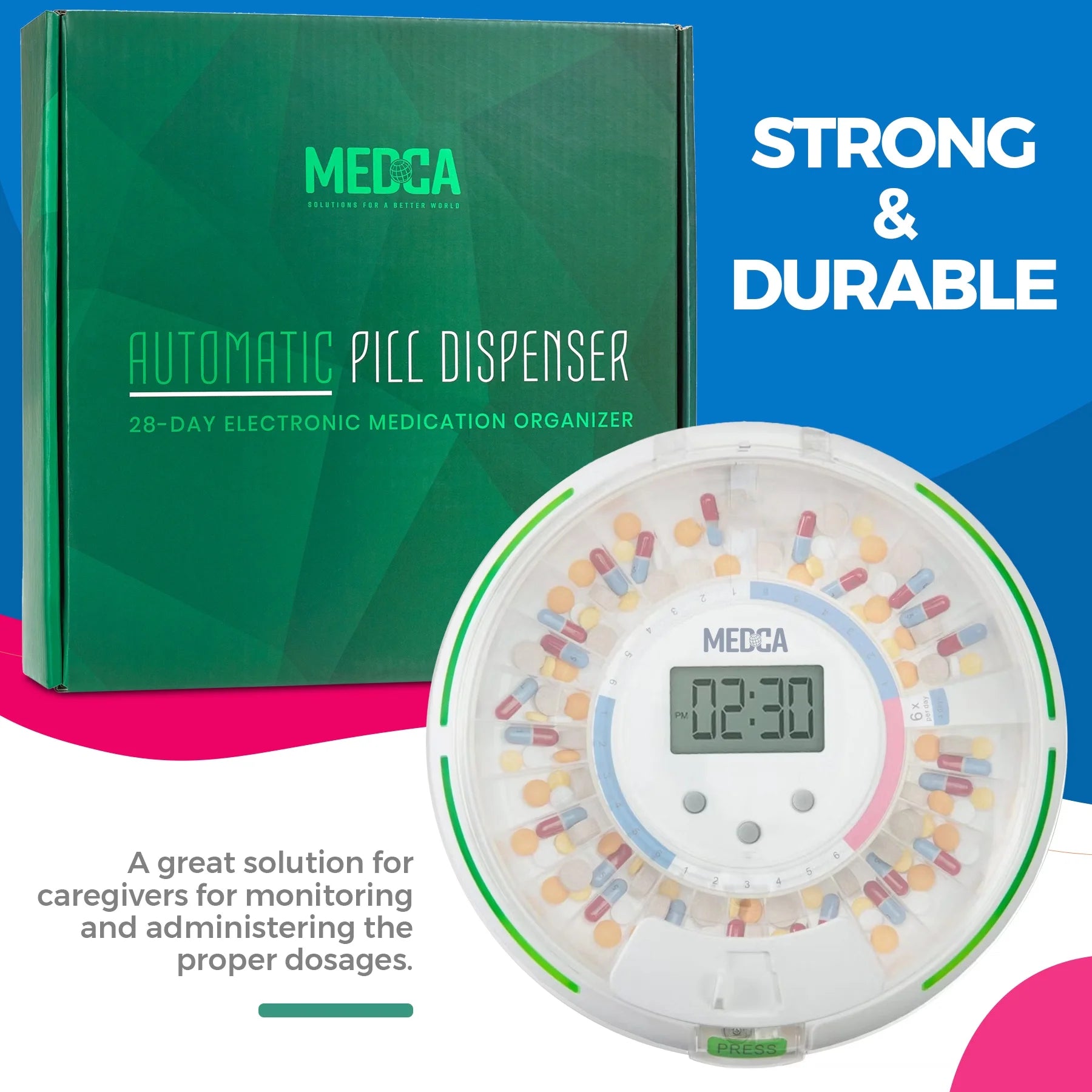Automatic Pill Dispenser, LCD Display, Light & Sound Alarm, Plastic