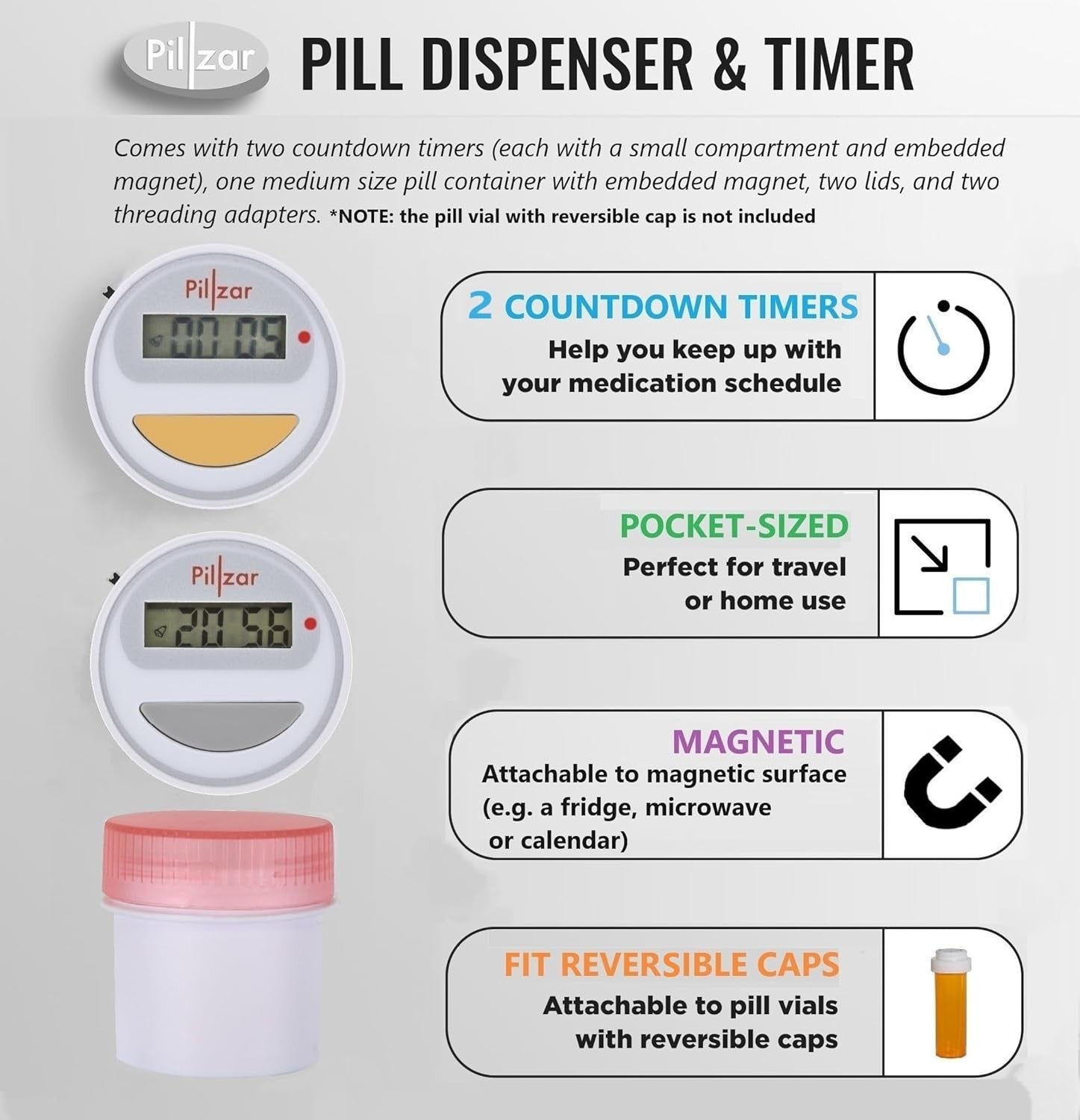 Portable Pill Organizer Dispenser with Timer Cap for Medication, Supplements