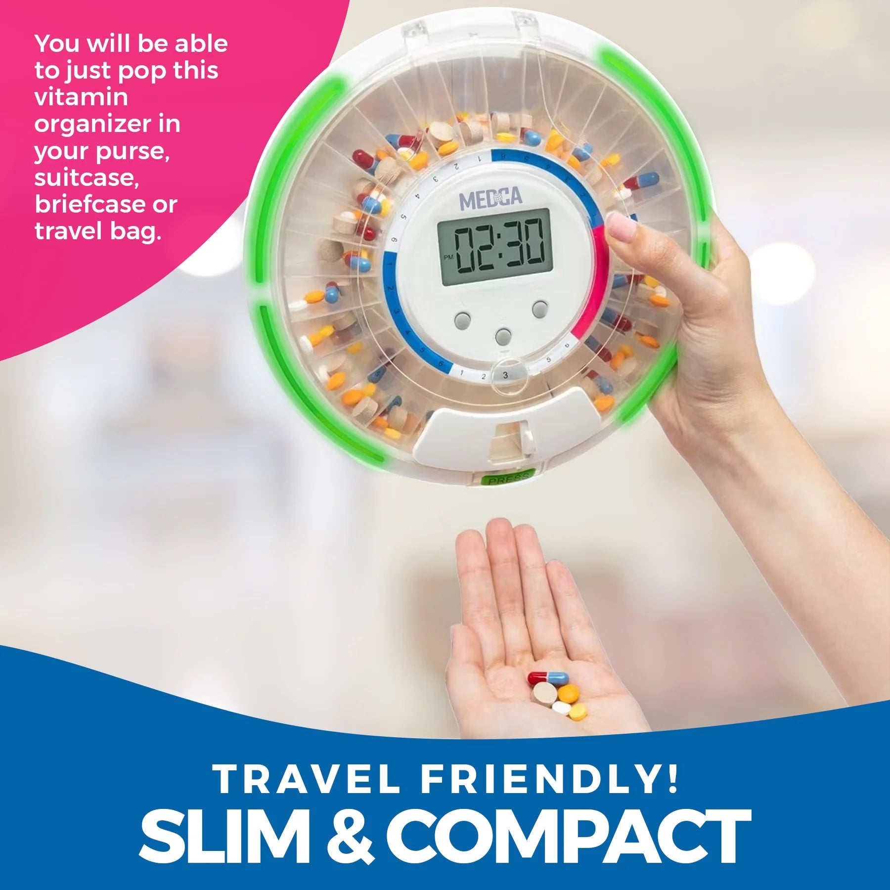 Automatic Pill Dispenser, LCD Display, Light & Sound Alarm, Plastic