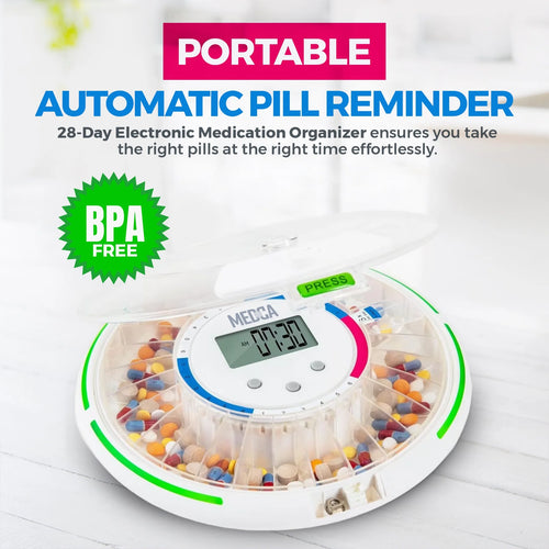 Automatic Pill Dispenser, LCD Display, Light & Sound Alarm, Plastic